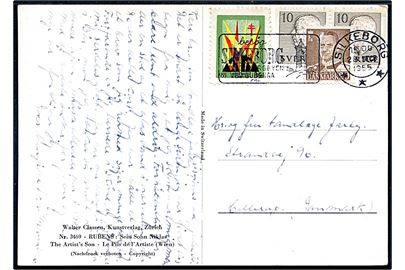 Svensk 10 öre Gustaf i parstykke og Julemærke 1955 på brevkort opfrankeret med dansk 20 øre Fr. IX og sendt fra Silkeborg d. 28.12.1955 til Hellerup.