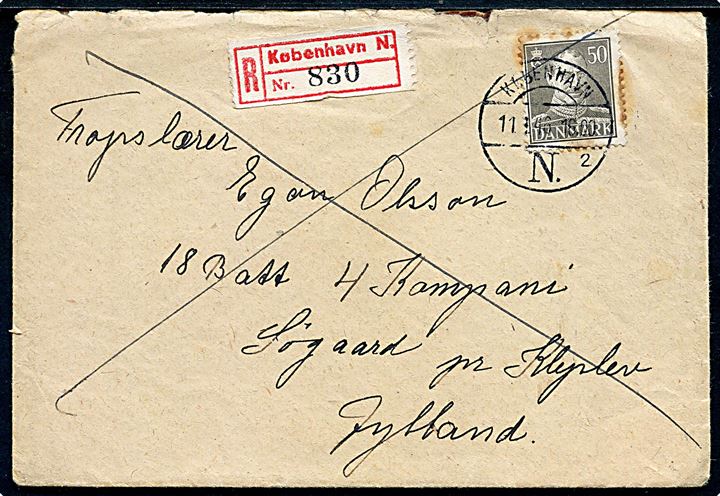 50 øre Chr. X single på anbefalet brev fra København d. 11.1.1946 til soldat ved 18 Bat. 4. Komp. i Søgaardlejren pr. Kliplev. Mærke med rust.