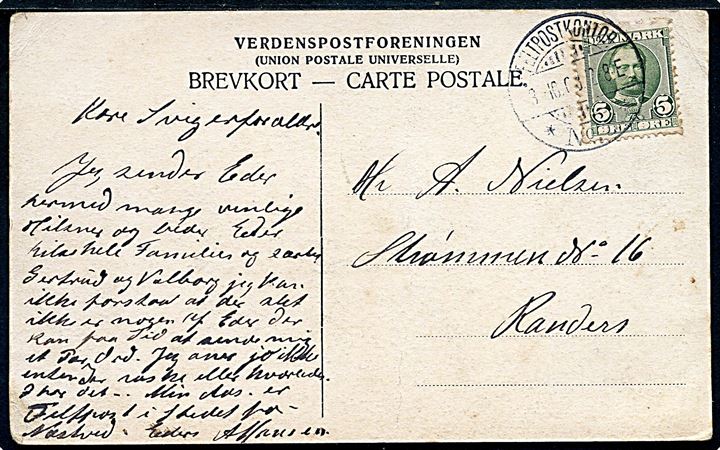 5 øre Fr. VIII på brevkort (Kongsdal v. Mørkøv) sendt efterårsmanøvren 1908 annulleret med brotype Ia Feltpostkontor * No. 3 * d. 3.10.1908 til Randers. Som altid med svagt 3-tal i stemplet.