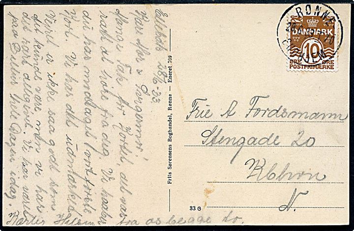 10 øre Bølgelinie på brevkort fra Ellebæk annulleret med bureaustempel Rønne - Gudhjem T.70 d. 28.6.1933 til København.
