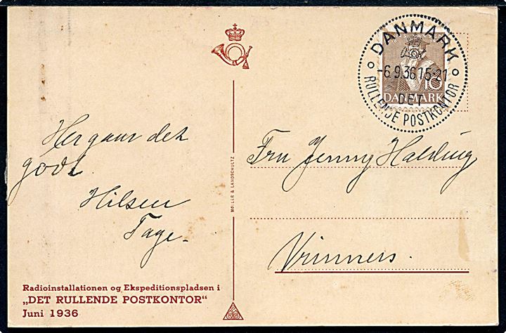 10 øre Tavsen på brevkort annulleret med særstempel Danmark * Det rullende Postkontor * d. 6.9.1936 til Vrinners. Det rullende Postkontor var opstillet i Grenaa i dagene 5.-6.9.1936 i forb. med folkefest.