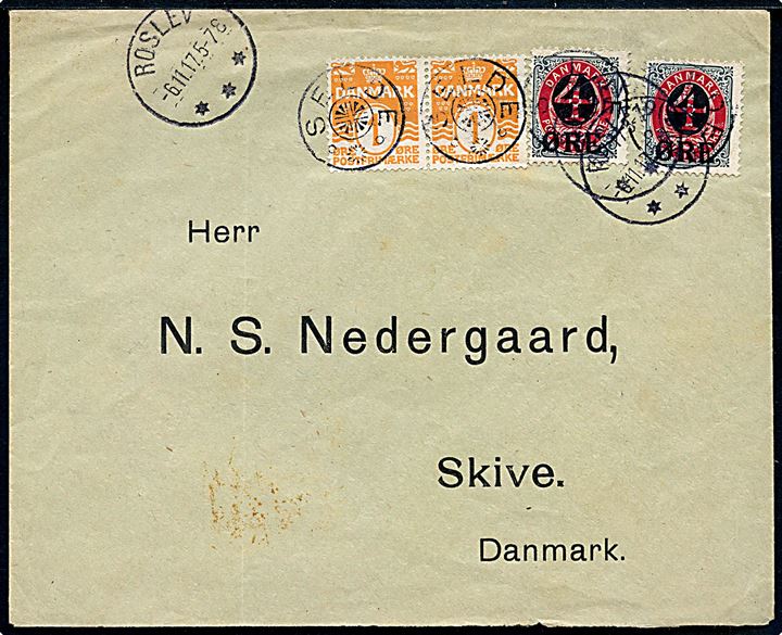 1 øre Bølgelinie (par) og 4/8 øre Provisorium (2) på brev annulleret med stjernestempel SELDE og sidestemplet Roslev d. 6.11.1917 til Skive.