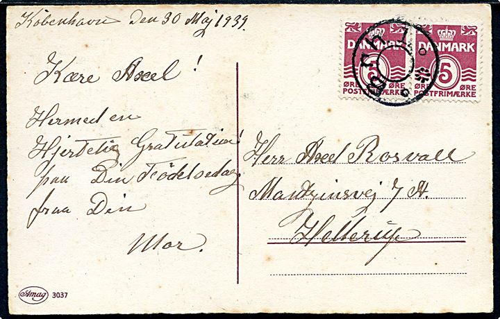 5 øre Bølgelinie (par) på brevkort dateret d. 30.5.1939 annulleret med udslebet stjernestempel Brh.1. til Hellerup.