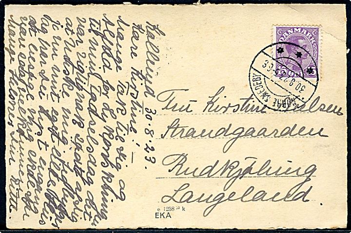 15 øre Chr. X på brevkort (Kollund) annulleret med brotype IIb Nørre Smedeby d. 30.9.1923 til Rudkøbing.