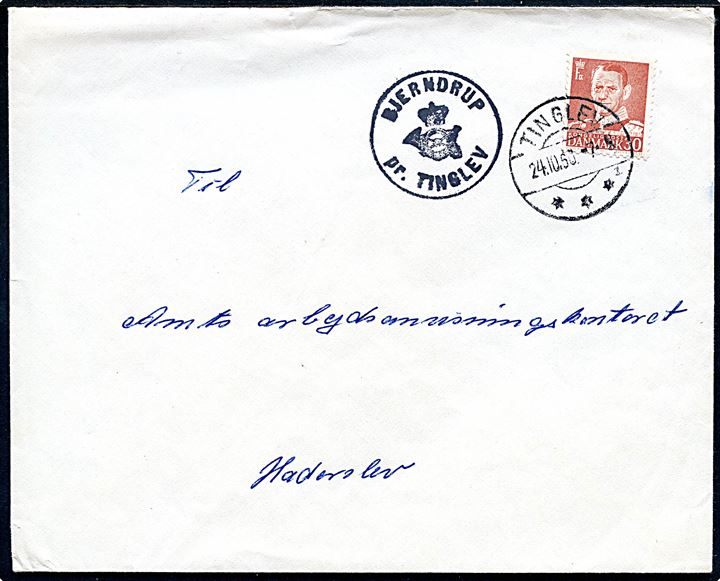 30 øre Fr. IX på brev annulleret Tinglev d. 24.10.1960 og sidestemplet med posthornstempel BJERNDRUP pr. TINGLEV til Haderslev.