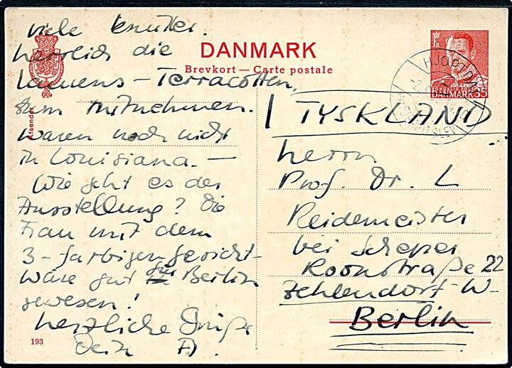35 øre Fr. IX helsagsbrevkort (fabr. 193) annulleret med pr.-stempel Hjortdal pr. Fjerritslev d. 2.9.1959 til Berlin, Tyskland.