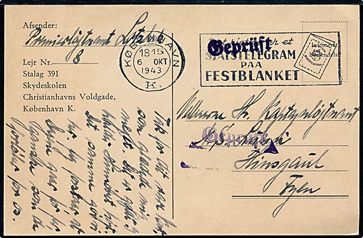 Ufrankeret fortrykt Stalag 391 Interneret Forsendelse brevkort fra Premierløjtnant i lejr 8 (= Officerslejren Hornbæk Badehotel) stemplet København d. 6.10.1943 til Kaptajnløjtnant i lejr 18 (= Hindsgavl pr. Middelfart). Violet censurstempel Geprüft.