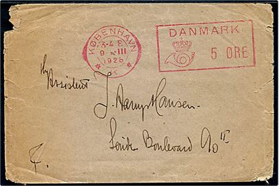 5 øre Posthusfranko på lokal tryksag fra København *K* d. 9.3.1928. Kuvert slidt.