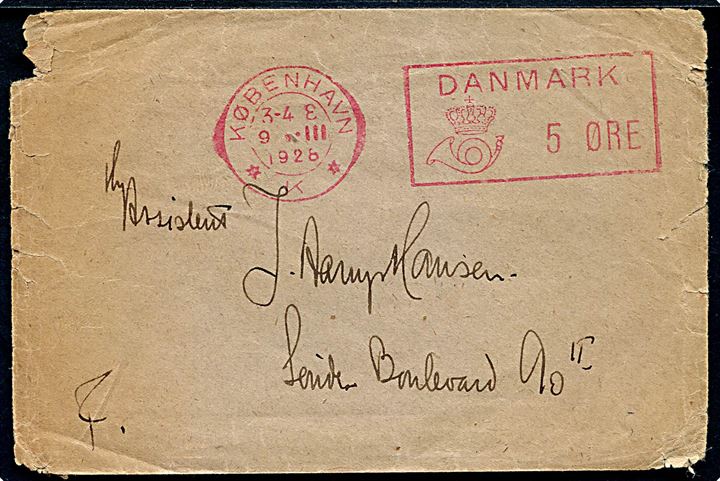 5 øre Posthusfranko på lokal tryksag fra København *K* d. 9.3.1928. Kuvert slidt.