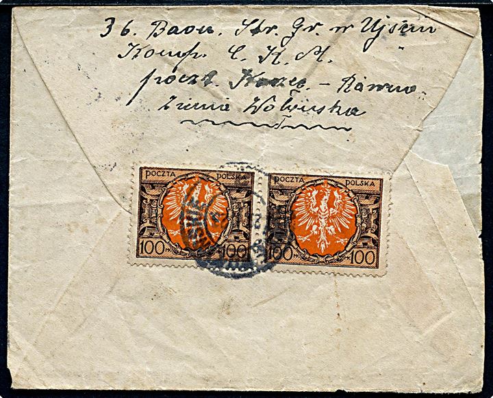 100 mk. Infla udg. i parstykke på bagsiden af brev fra Równe d. 29.1.1923 til Gedser på Falster, Danmark. 