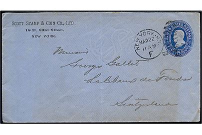 5 cents helsagskuvert fra Scott Stamp & Coin Co. Ltd. i New York d. 22.3.1893 til Schweiz.