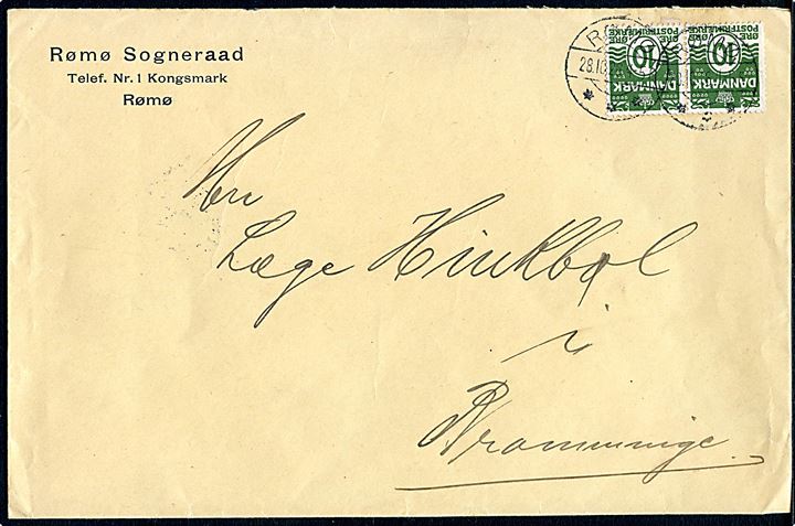 10 øre Bølgelinie i parstykke på fortrykt kuvert fra Rømø Sogneraad i Kongsmark annulleret med brotype IIb Rømø d. 28.10.1926 til Bramminge.