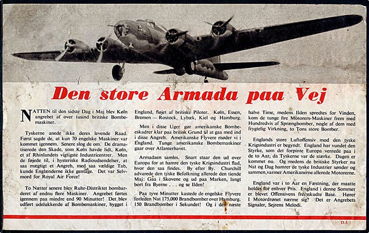 Den store Armada paa Vej. Illustreret flyveblad nedkastet af RAF i 1942. Formular D5. Påskrevet Kastet ned Natten mellem den 23-24/9-42. Fundet i Bov den 28/9-42.