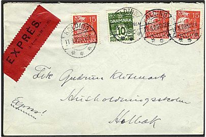 10 øre Bølgelinie og 15 øre Karavel (3) på ekspresbrev fra Kolding d. 11.9.1929 til Holbæk.