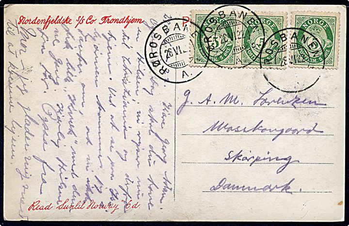 Spitzbergen. Isbjørn. Nordenfjeldske S/S Co. Trondhjem. Mittet & Co. u/no. Med 3 stk 5 øre Posthorn annulleret Rørosbanen d. 28.5.1922 sendt til Danmark. 