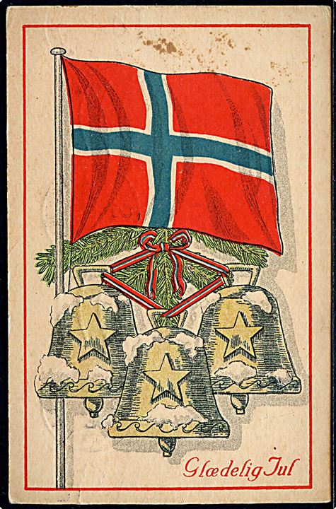 Julekort med det Norske flag og 3 juleklokker. E.D.F.P.H. no. 2585/7N. 