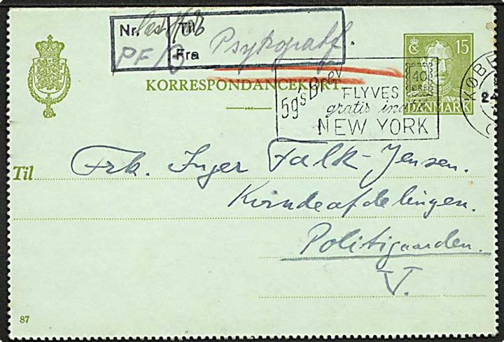 15 øre Chr. X helsagskorrespondancekort (fabr. 87) sendt lokalt i København d. 24.5.1948. Til indsat i Kvindeafdelingen, Politigården. Fængselscensur.
