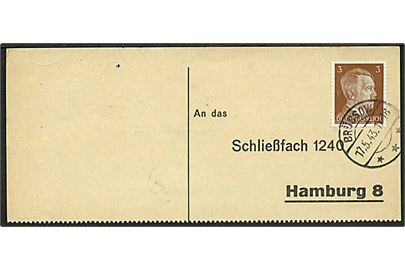 3 pfg. Hitler på modtagerkvittering for Liebesgaben-Paket sendt som tryksag og stemplet Brüssow d. 17.5.1943 til postboks 1240 i Hamburg. Kvittering for modtagelse af pakke med 10 dåser sardiner fra den tyske ambassadør von Mackensen i Rom, Italien.