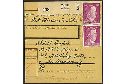 40 pfg. Hilter i parstykke på adressekort del for pakke fra Zichlin d. 7.12.1944 til indsat i K.L.Arbeitslager Drütte über Braunschweig. Arbejdslejr Drütte var underlagt KZ-lejren Neuengamme og lå i forbindelse med Hermann-Göring-Werke i Salzgitter-Drütte.