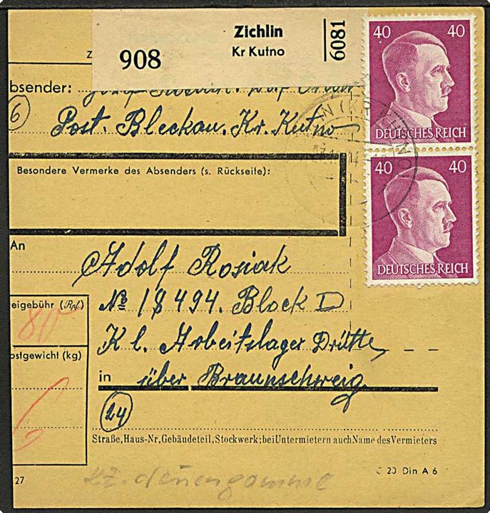 40 pfg. Hilter i parstykke på adressekort del for pakke fra Zichlin d. 7.12.1944 til indsat i K.L.Arbeitslager Drütte über Braunschweig. Arbejdslejr Drütte var underlagt KZ-lejren Neuengamme og lå i forbindelse med Hermann-Göring-Werke i Salzgitter-Drütte.