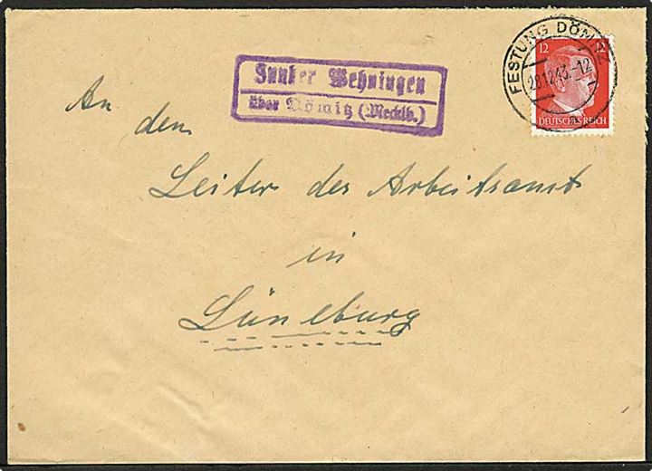 12 pfg. Hitler på brev stemplet Festung Dönitz d. 28.12.1943 og sidestemplet Innker Wehningen über Dönitz (Mecklb.) til Lüneburg.
