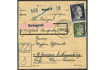 5 pfg., 80 pfg. og 1 mk. Hitler på for- og bagside af adressekort annulleret med stempel med postleitzahl (4) Naugard d. 9.8.1944 til Ober-Krain. Naugard lå i Vestpommern - i dag Nowograd i Polen.