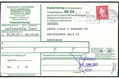 50 øre Fr. IX på indbetalingskort fra Svendborg d. 27.6.1967. Violet trodat kvitteringsstempel Svendborg 1 Posteksp. 4301 d. 30.6.1967. Interessant stempel med sorteringskode 4301 - forløber for postnumre.