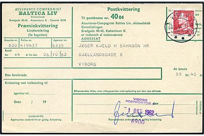 30 øre Fr. IX på indbetalingskort fra Viborg d. 26.9.1962. Violet trodat kvitteringsstempel Viborg Postkontor 6900 d. 1.10.1962. Interessant stempel med sorteringskode 6900 - forløber for postnumre.