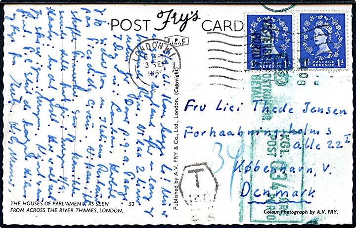 Britisk 1d Elizabeth (2) på underfrankeret brevkort fra London d. 3.9.1964(?) til København, Danmark. 34 øre grønt portomaskinstempel fra Vesterbro Postkontor.