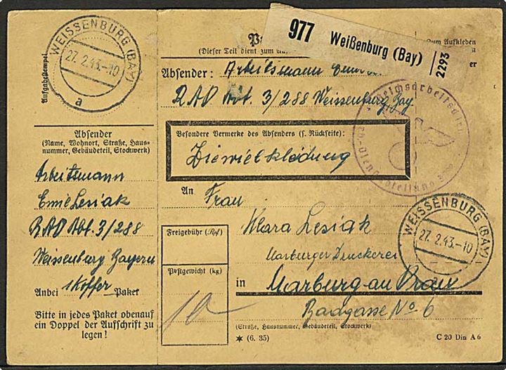 25 pfg. Hitler i parstykke på bagside af adressekort for pakke fra RAD Abt. 3/288 i Weissenburg d. 27.2.1943 til Marburg. Reicharbeiterdienst briefstempel.