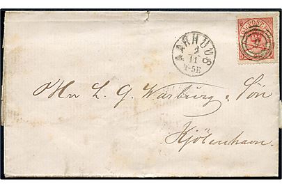 4 sk. Krone/Scepter på brev annulleret med nr.stempel 5 og sidestemplet antiqua Aarhus d. 2.11.1870 til Kjøbenhavn.