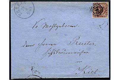 4 sk. 1858 udg. på brev annulleret med nr.stempel 131 og sidestemplet antiqua Preetz d. 16.6.1863 til Kiel.