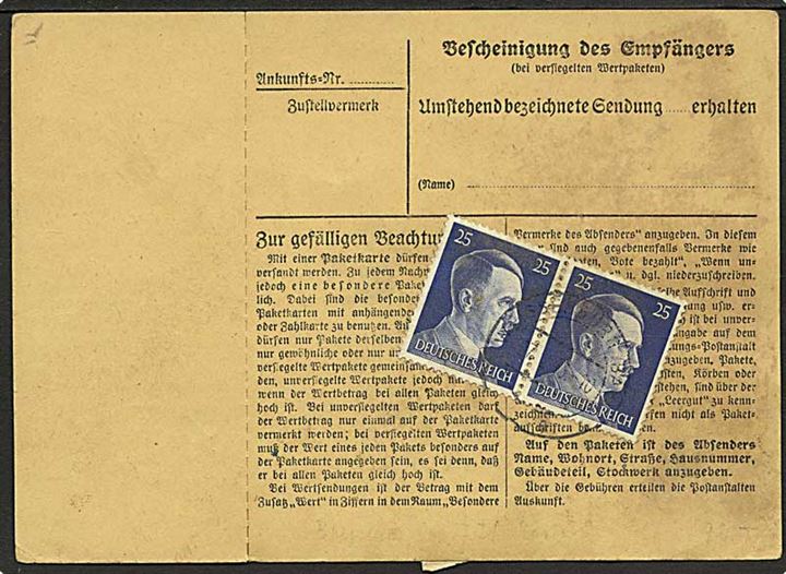 25 pfg. Hitler i parstykke på bagside af adressekort for pakke fra RAD Abt. 3/288 i Weissenburg d. 27.2.1943 til Marburg. Reicharbeiterdienst briefstempel.