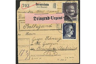 80 pfg. og 2 mk. Hitler på adressekort for eksprespakke fra Durmersheim d. 3.8.1944 til Krainburg, Oberkraine. 