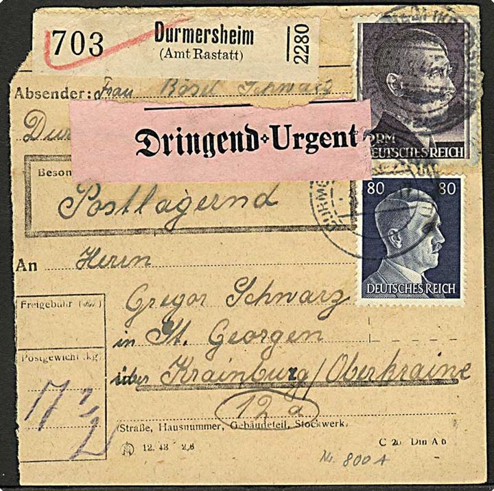 80 pfg. og 2 mk. Hitler på adressekort for eksprespakke fra Durmersheim d. 3.8.1944 til Krainburg, Oberkraine. 