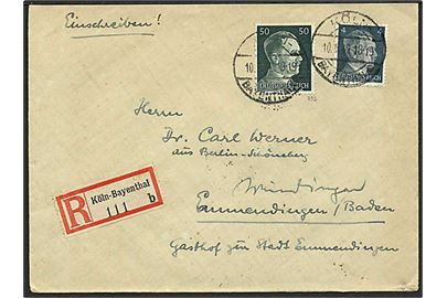4 pfg. og 50 pfg. Hitler på anbefalet brev fra Köln d. 10.6.1942 til Emmendingen.