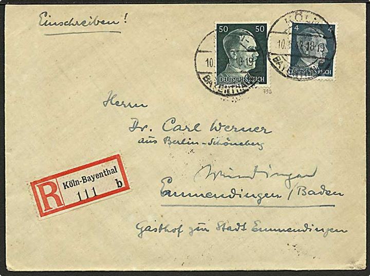 4 pfg. og 50 pfg. Hitler på anbefalet brev fra Köln d. 10.6.1942 til Emmendingen.