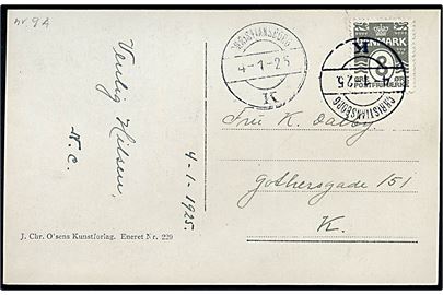 8 øre Bølgelinie på lokalt brevkort (Chistiansborg slot) annulleret med brotype IIh Christiansborg K. d. 4.1.1925. Stemplet benyttet ved  Mindefesten paa Christiansborg Slot i anledningen af Postvæsenets 500 Aars Jubilæum.