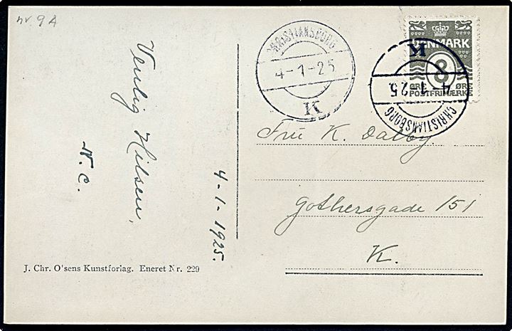 8 øre Bølgelinie på lokalt brevkort (Chistiansborg slot) annulleret med brotype IIh Christiansborg K. d. 4.1.1925. Stemplet benyttet ved  Mindefesten paa Christiansborg Slot i anledningen af Postvæsenets 500 Aars Jubilæum.