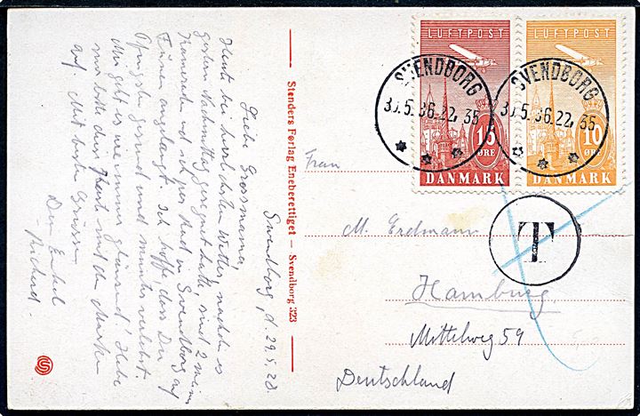 10 øre og 15 øre Luftpost på brevkort fejlagtigt udtakseret i porto fra Svendborg d. 30.5.1936 til Hamburg, Tyskland. Sort T-stempel overstreget.