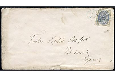 4 øre Tofarvet (defekt) på lokalbrev annulleret med blåt ovalt jernbanestempel SKJERN * J.F.J. * d. 28.2.1876. Stempel benyttet ved Skjern brevsamlingssted som blev oprettet ved jenbanens åbning i 1875.
