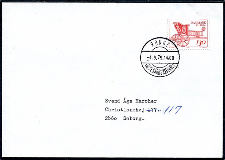1,30 kr. Europa udg. på brev annulleret med parentes stempel Rønne (Almegårds Kaserne) d. 4.9.1979 til Søborg.