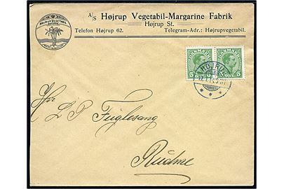 5 øre Chr. X i parstykke på firmakuvert fra A/S Højrup Vegetabil-Margarine Fabrik stemplet Højrup d. 17.1.1914 via Ringe til Rudme.