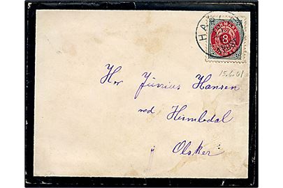 8 øre Bølgelinie omv. rm. på sørgebrev med indhold fra Klemensker annulleret lapidar Hasle d. 15.6.1901 via Allinge til Humledal pr. Olsker. Klemensker fik eget brevsamlingssted i 1906.