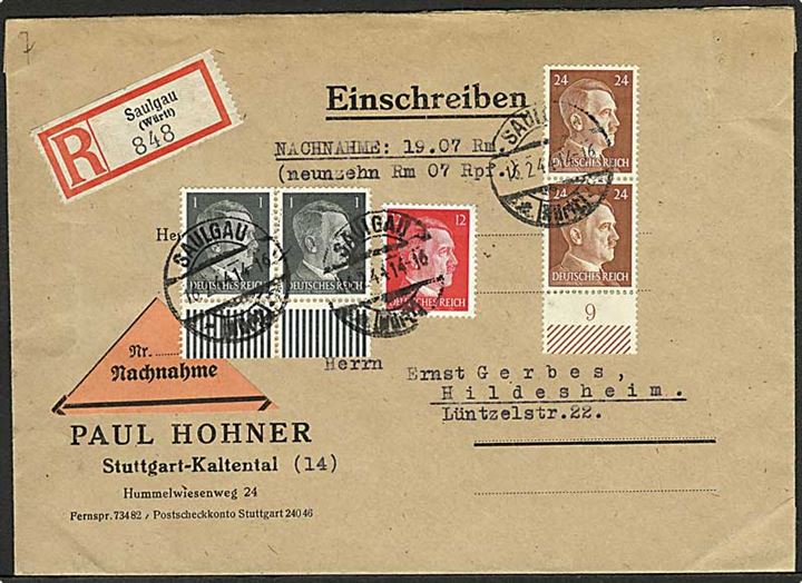 1 pfg. (2), 12 pfg. og 24 pfg. (2) Hitler på anbefalet brev med opkrævning fra Saulgau d. 16.2.1944 til Hildesheim.