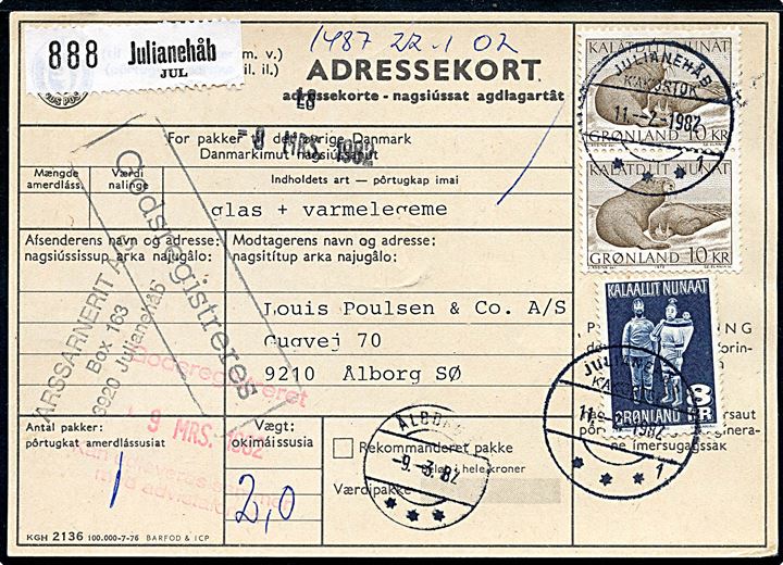8 kr. Træfigurer og 10 kr. Hvalrosser (par) på adressekort for pakke fra Julianehåb d. 11.2.1982 til Ålborg Øst. Ank.stemplet med postsparestempel Ålborg 3 d. 9.3.1982