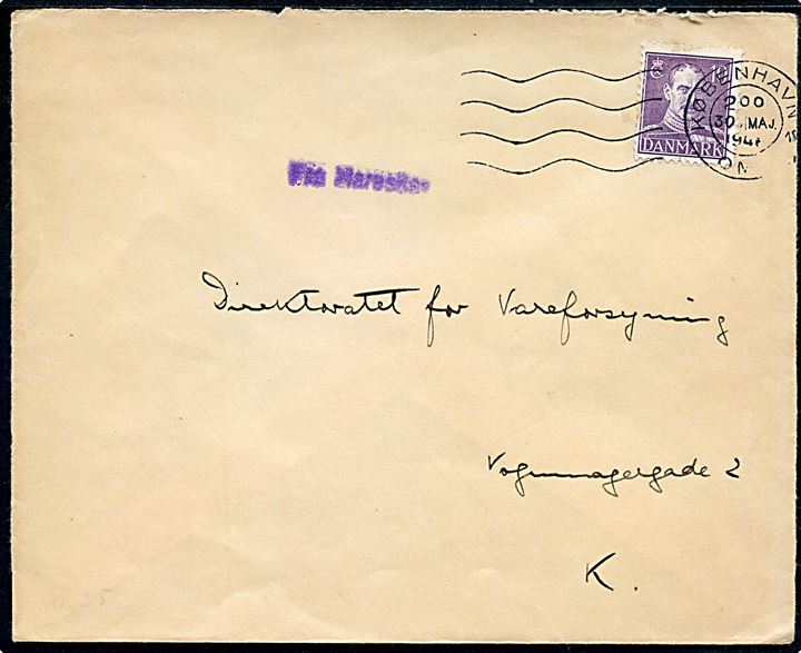 10 øre Chr. X på lokalbrev annulleret København d. 30.5.1946 og sidestemplet med violet kassetømningsstempel Fra Hareskov (Type II) til København. Seneste registrerede dato jf. Skilling.