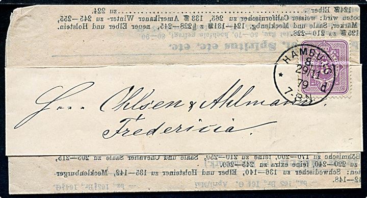 5 pfg. Ciffer udg. på korsbånd for tryksag fra Hamburg d. 29.11.1879 til Fredericia, Danmark