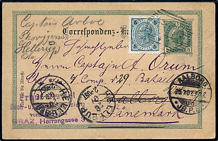 5 h. helsagsbrevkort opfrankeret med 5 h. fra Graz 1902 til Capt. Ørum ved 29 Bataillon i Aalborg, Danmark - eftersendt til Hellerup.