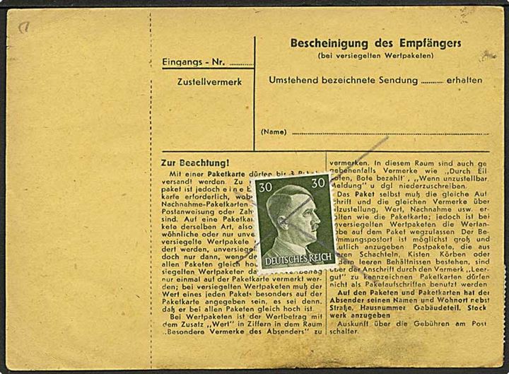 30 pfg. og 40 pfg. Hitler på for- og bagside af adressekort fra Brenkhausen d. 1.11.1944 til soldat i Stein, Oberkrain.